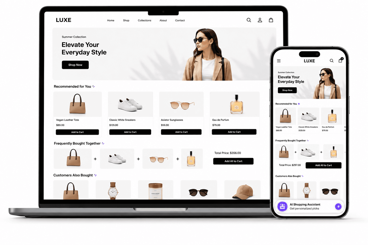 Shopify storefront with AI product recommendations on laptop and mobile