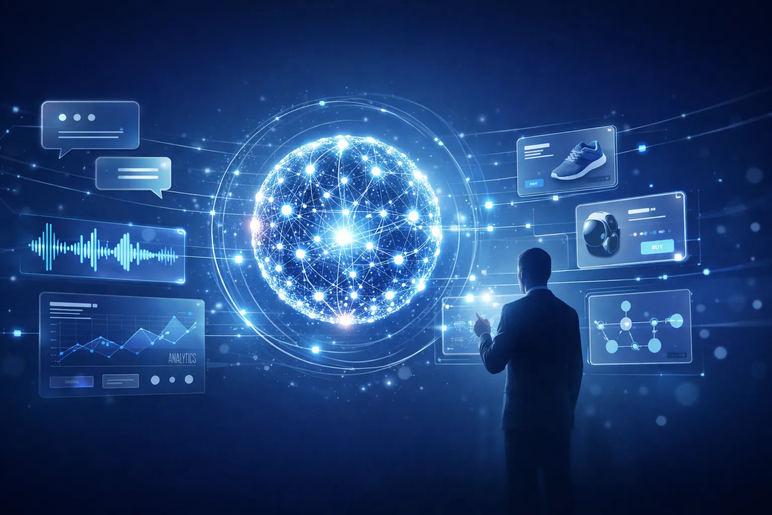 A world map with illuminated nodes in different regions converging at a central point, symbolizing the ReComAI AI Voice Agents ability to handle over 50 languages and regional accents for global AI for Retail.